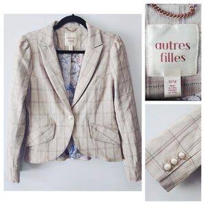 Autres Filles Beige Plaid Pearl Blazer Academia Old Money Style Size M